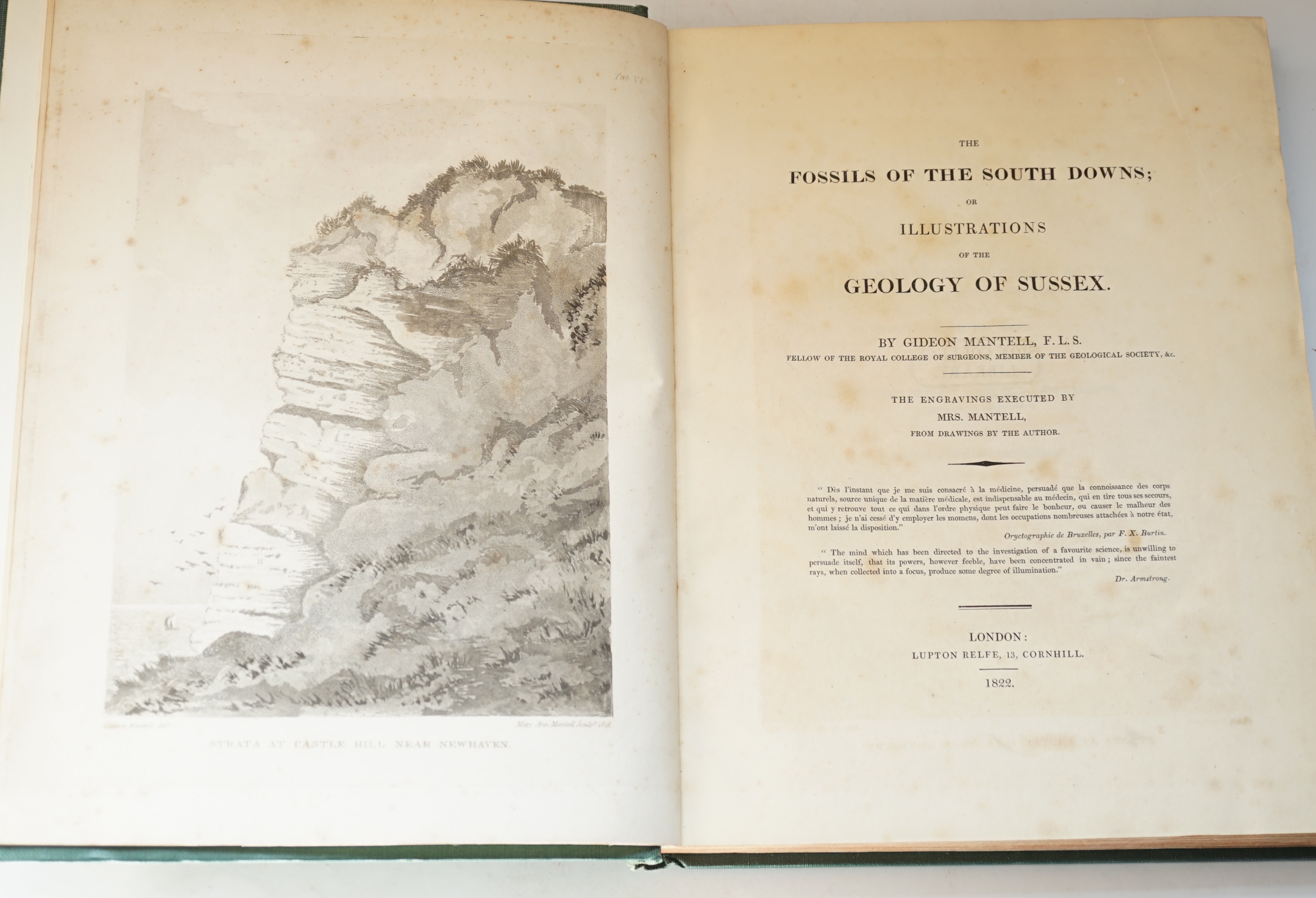 Mantell, Gideon - The Fossils of the South Downs; or, Illustrations of the Geology of Sussex, first edition, 4to, rebound green cloth, half title, 42 engraved plates (2 folding) including the hand-coloured map, index at